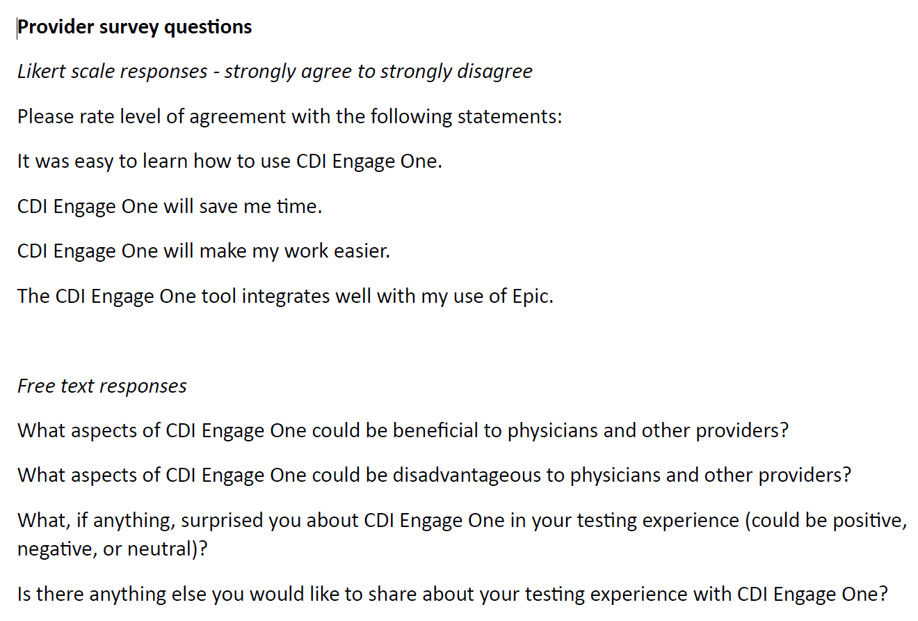 Provider tester survey questions